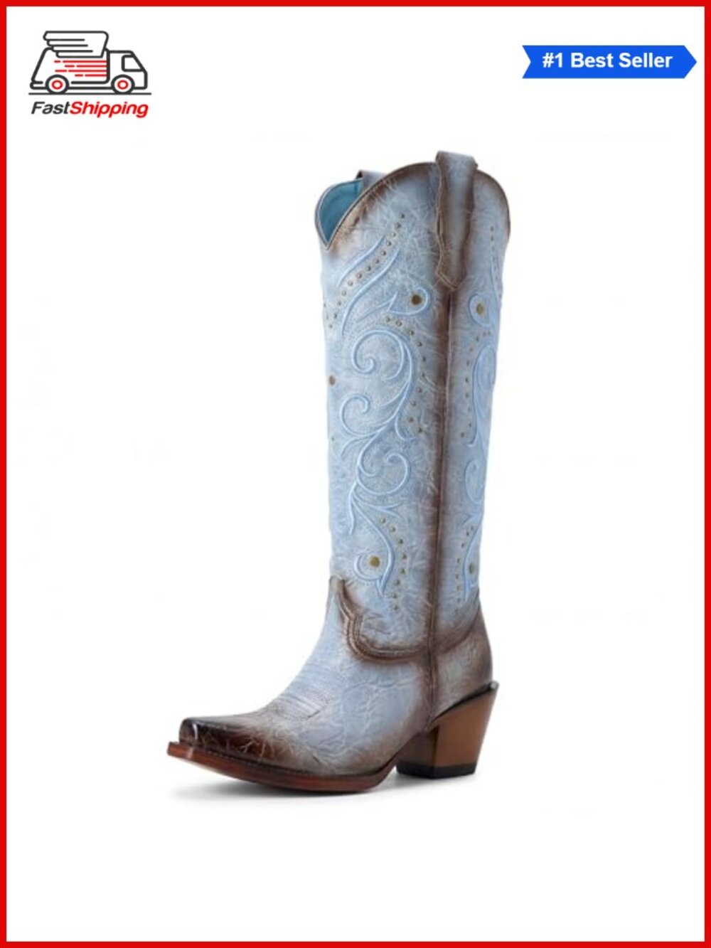 ✨ Knee High Cowboy Boots Embroidered Pointed Toe Side Zipper Western Chunky